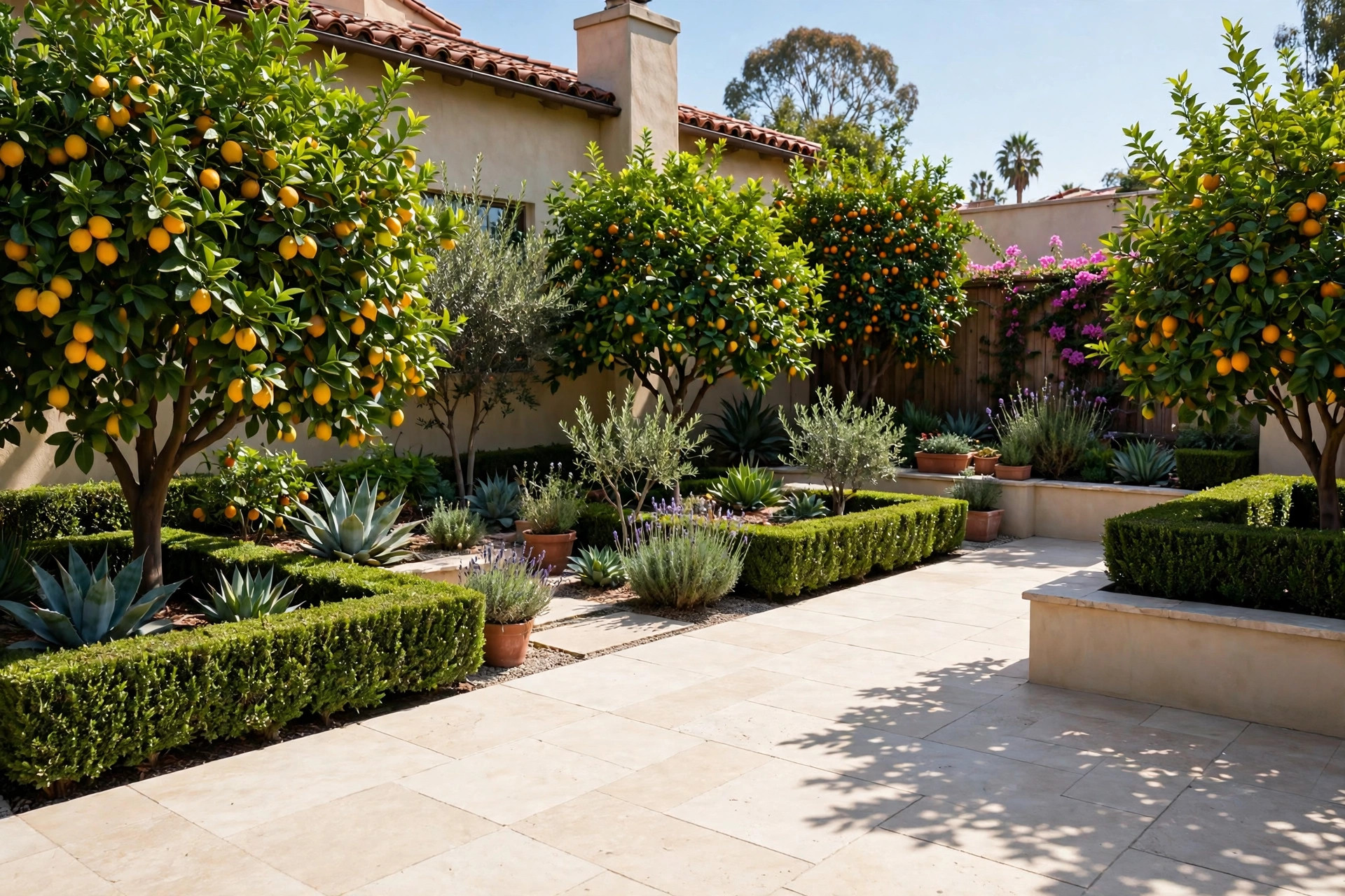 A sunny Southern California garden with citrus trees and trimmed hedges, representative photo