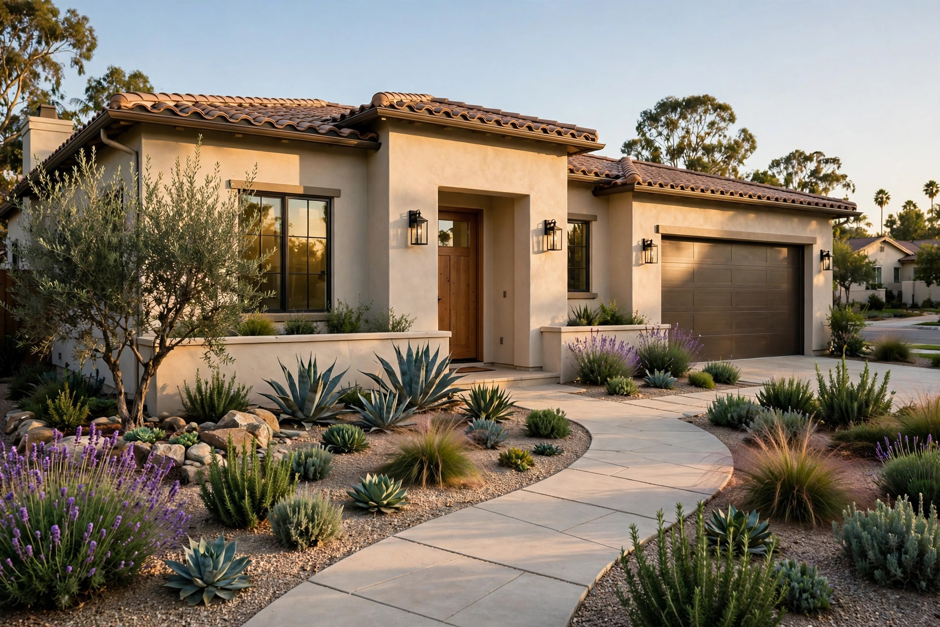 A tidy Southern California stucco home with a cared-for front garden, representative photo